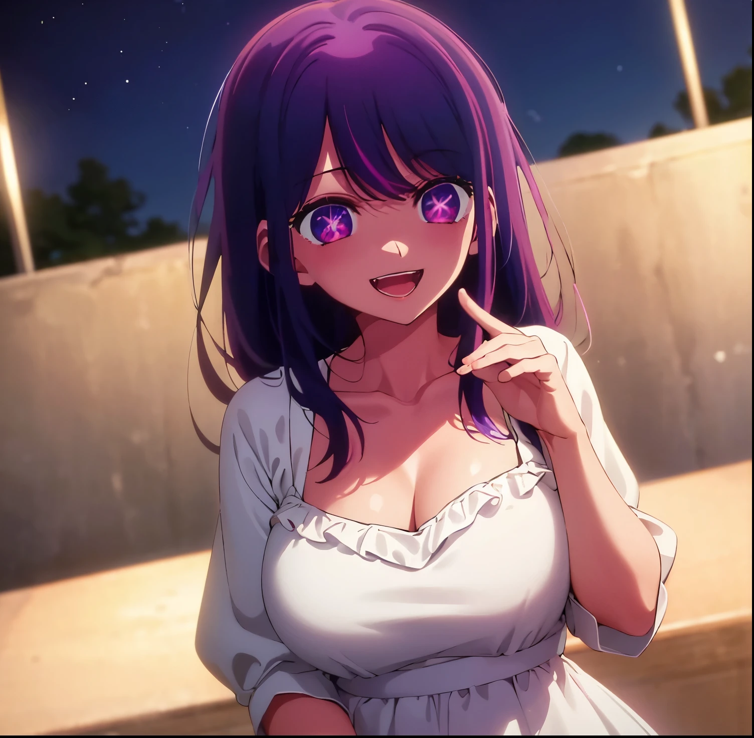 masterpiece、ighly detailed、(1 girl in:1.2)、alone,purple color hair、purple dress、big eye、a closeup、a smile、8K 、Ai Hoshino、Live performance venue,cleavage, big breasts, medium waist, medium hips, wide thighs, good anatomy, good hands, seductive, smiling, open mouth, embarrassed, good lighting, night