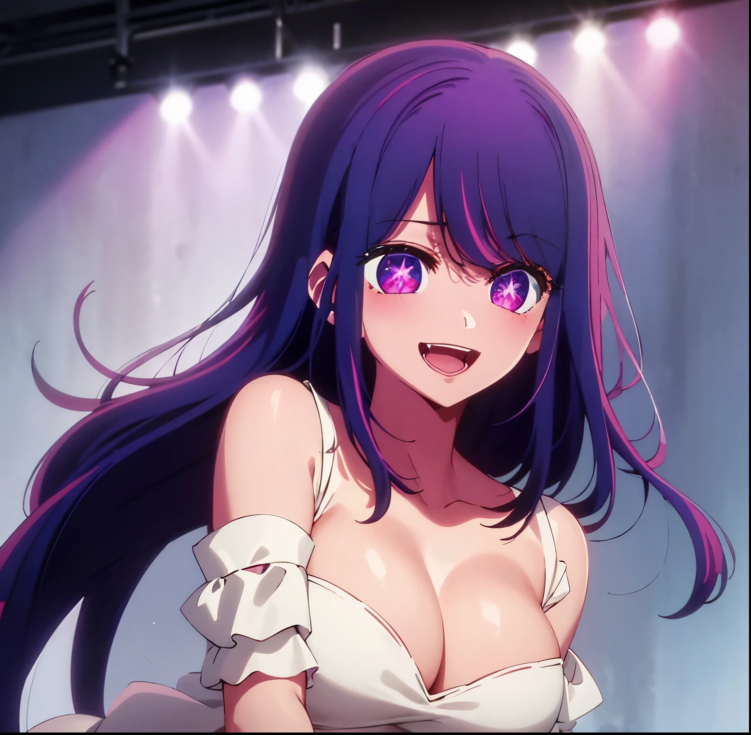 masterpiece、ighly detailed、(1 girl in:1.2)、alone,purple color hair、purple dress、big eye、a closeup、a smile、8K 、Ai Hoshino、Live performance venue,cleavage, big breasts, medium waist, medium hips, wide thighs, good anatomy, good hands, seductive, smiling, open mouth, embarrassed, good lighting, night