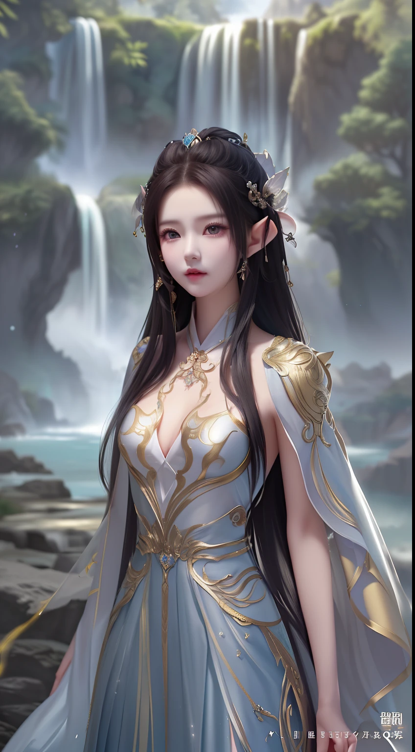 A woman in a skirt stands in front of a waterfall, beautiful fantasy empress, ((A beautiful fantasy domineering character painting, beautiful and elegant elf queen, author:Hero, fantasy art style, authon Qi, beautiful teenage girl, Inspired by Lanying, anime goddess, Inspired by Du Qiong, Ethereal fantasy, beautiful goddess woman, beautiful fantasy maiden