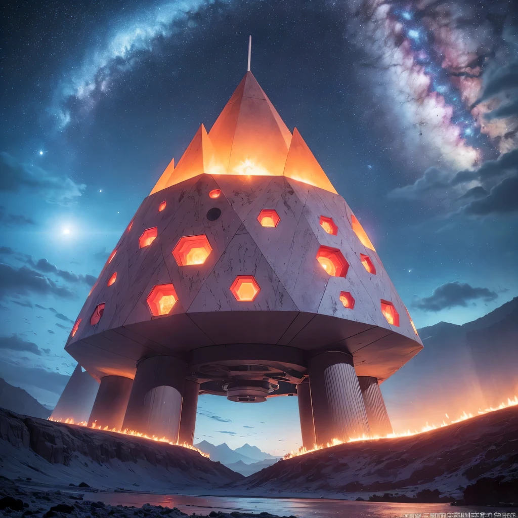 Strange photos of heavy metal planetary clouds, Electron microscopy photography, Tissue engineering, Infrared spectroscopy, Statistical mechanics, Dada Photo Montage, future proposals, Mark Caseley, quantum level ,Light orange style，Purple pink series，Alien Hexagonal Base (Nipples are very delicate) In a hexagonal mountain oasis，There are several hexagonal exhaust fans and chimneys, some neon lights project from the base，Light up the night), There are some clouds in the night sky, Some surrounding planets provide air to unknown planets，The most remote giant hexagonal volcano erupts，the rainforest