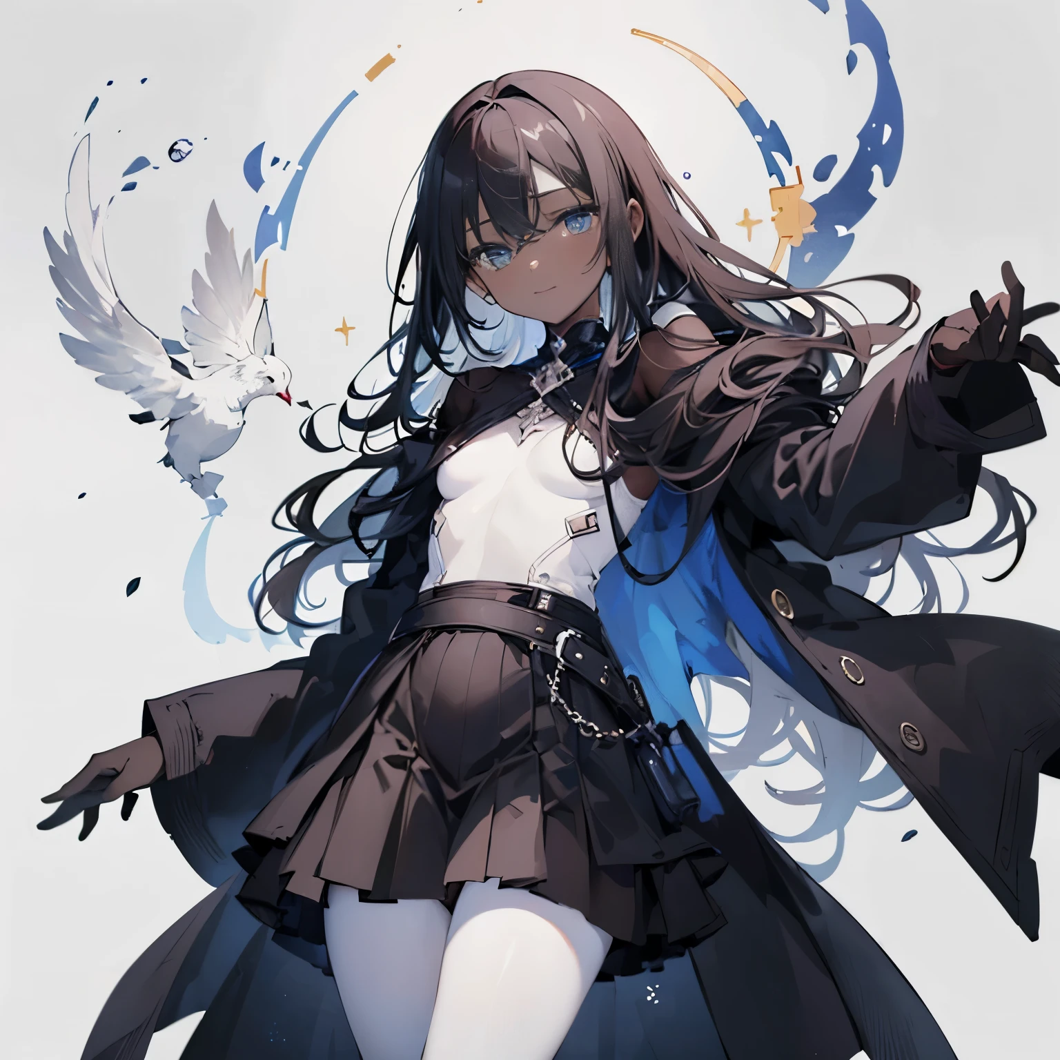 (masutepiece:1.2, Best Quality), (Best Illumination, Extremely delicate and beautiful), [(1 girl in:1.5),(Chocoskin:1.4), Smile, (Sparkling dark blue eyes:1.3), (Black hair:1.5) , flat chest,small stature,Slender beauty,(Black coat:1.5), (Black skirt:1.5)Full body],(Pale white background:1.5),