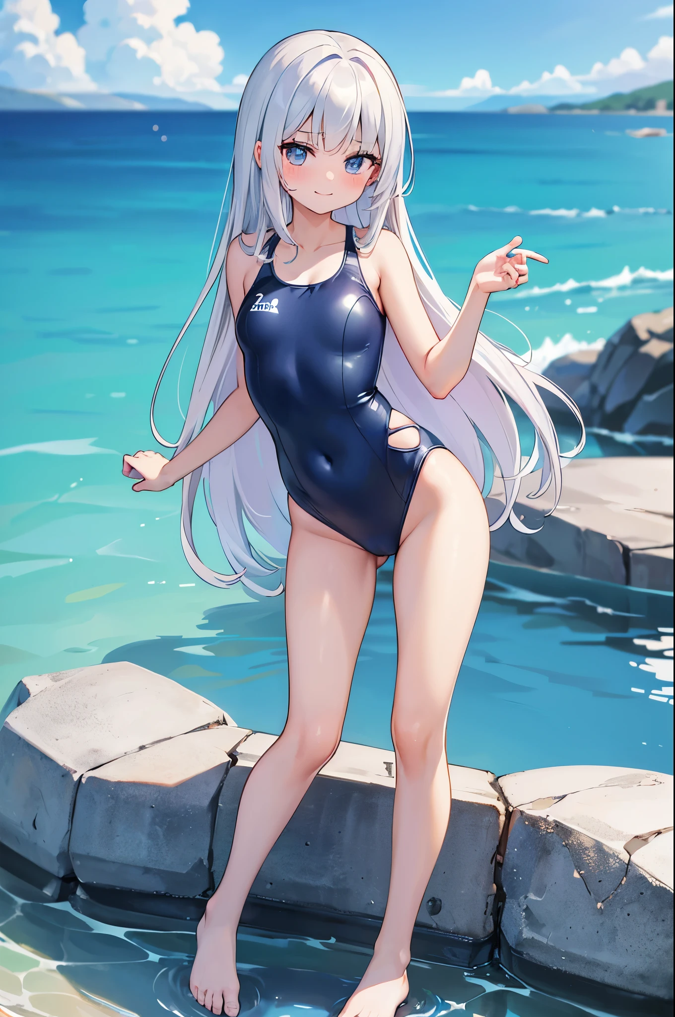 ((4k、8k、top-quality、perfect fingers:1.3、perfect anatomia:1.3、Blur the background))、((stright long hair:1.3、sixteen years old、a beautiful slender girl、a baby face))、((onepiece swimsuit))、(Cute big round eyes)、blushing shy smile、Full Body Display、is standing、blue-sky、White sandy beach、