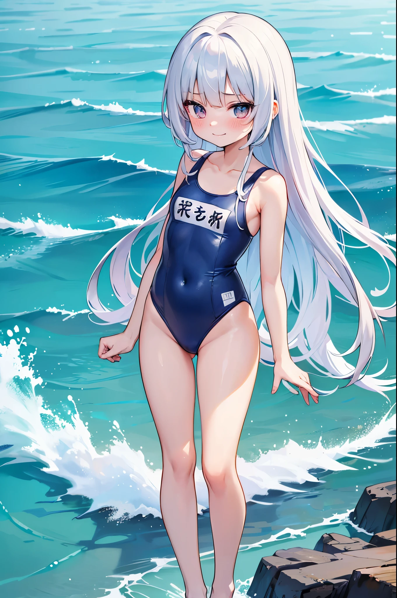 ((4ｋ、8ｋ、top-quality、perfect fingers：1.3、perfect anatomia：1.3、Blur the background))、((stright long hair：1.3、、a beautiful slender girl、a baby face))、((onemsuit))、(Cute big round eyes)、blushing shy smile、Full Body Display、is standing、blue-sky、White sandy beach、