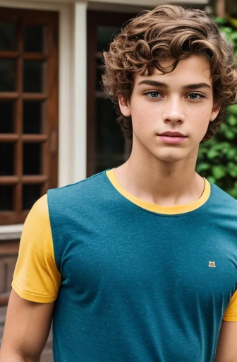 teenager with short curly brownish blonde hair , a character inspired by John Luke, shutterstock, renaissance, he has short curly brown hair, male teenager, portrait of 13 - year with blue eyes, handsome and steatic. with American and latin desendance but looking jounge