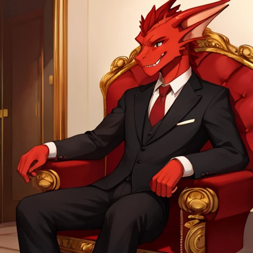 Skinny red dragon in suit sitting on fancy chair licking his lips