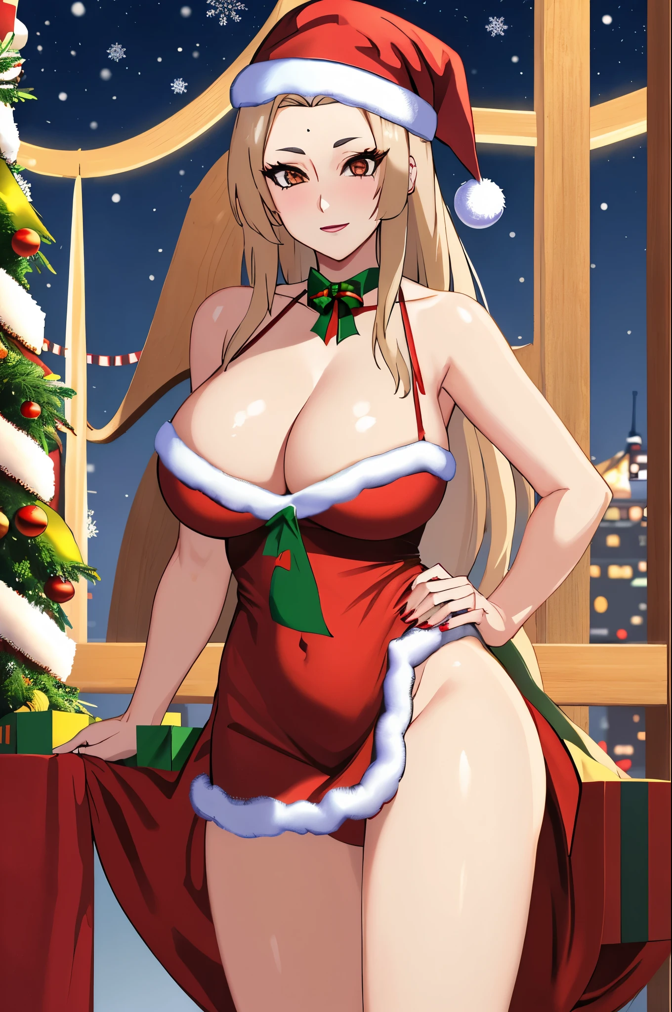 sexy, Piernas gruesas, Minivestido rojo con detalles festivos., combinado con tacones a juego para un conjunto elegante y festivo, (((christmas beasts)) tsunade ((Big breasts))