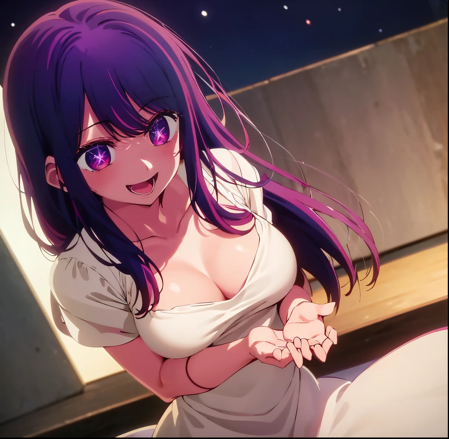 ​masterpiece、ighly detailed、(1 girl in:1.2)、alone,purple color  hair、purple  dress、big eye、a closeup、a smile、8K 、Ai Hoshino、Live performance venue,cleavage, big breasts, medium waist, medium hips, wide thighs, good anatomy, good hands, seductive, smiling, open mouth, embarrassed, good lighting, night