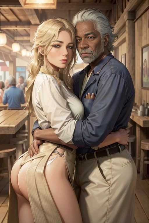 (master part, best quality:1.3)
RDRAbigail, 1 beautiful sexy blonde girl with a big ass hugging a 90 year old black man, cabelos longos, Realistic, tiro completo , bar na cobertura, Noite, lively and energetic with a mix of natural and arteificial light 4k, 8k, trending on artestation, arte