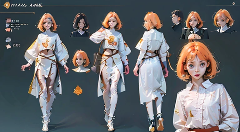 A girl Full body, perfect face, big green eyes , fight pose, front, side, back, small ass, Dinamic pose, (Character sheet), pale skin, full nude anatomy, small breast, curly hair, very short hair, facial expresions, orange hair, ponytailhair, multiple angles, multiples images.