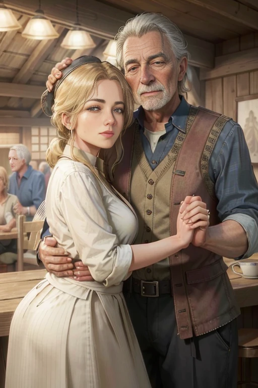 (master part, best quality:1.3) 
RDRAbigail, 1 beautiful blonde girl hugging a 90 year old man, cabelos longos, Realistic, tiro completo , bar na cobertura, Noite, lively and energetic with a mix of natural and arteificial light 4k, 8k, trending on artestation, arte