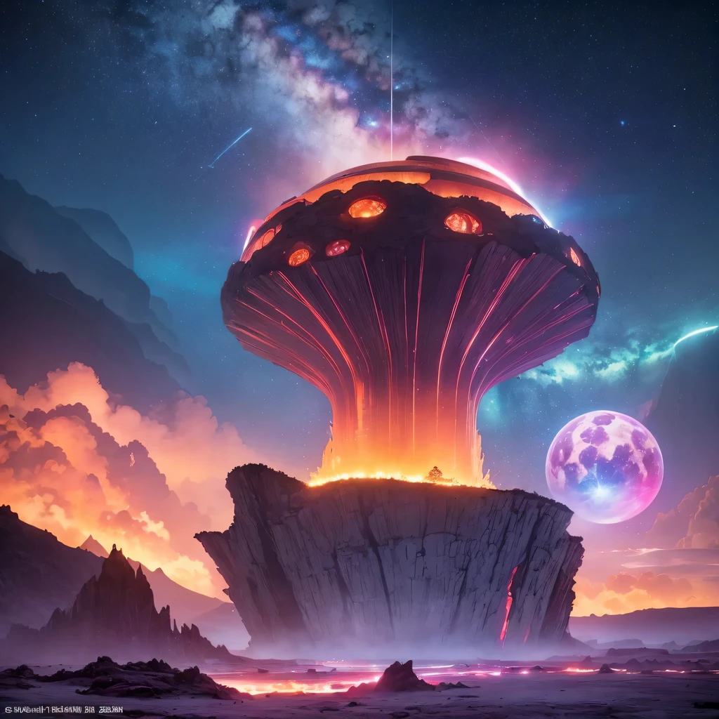 Strange photos of heavy metal planetary clouds, Electron microscopy photography, Tissue engineering, Infrared spectroscopy, Statistical mechanics, Dada Photo Montage, future proposals, Mark Caseley, quantum level ,Light orange style,Purple pink series,Alien Hexagonal Base (Nipples are very delicate) In a hexagonal mountain oasis,There are several hexagonal exhaust fans and chimneys, some neon lights project from the base,Light up the night), There are some clouds in the night sky, Some surrounding planets provide air to unknown planets,The most remote giant hexagonal volcano erupts,the rainforest