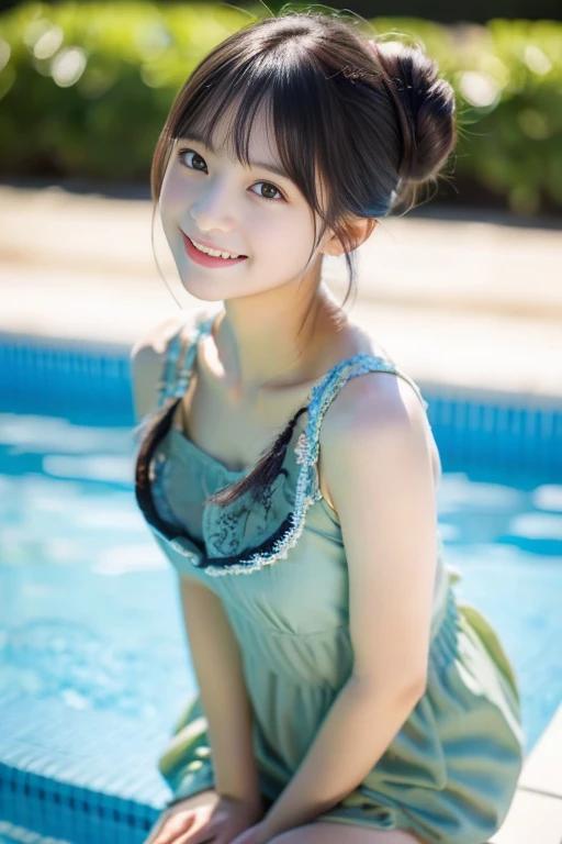 (((masterpiece))), (((Full body photo))), (One beautiful Japan girl, classmates, landscape and innocence,kawaii) ,超A high resolution, Realistic, ultra-detailliert, 8K,top-quality, Extremely detailed, A slender,very beautiful japanese girl, Detailed face:1.3), (Bery short hair,I tied my hair into a bun,A dark-haired :1.4), (a baby face,kawaii系,adorable 10 year old girl), (Perfect body:1.1), (kawaii白いフリル水着), innocent smiles,Show your beautiful teeth,((Focus on the crotch)),Beautiful back,Looking back、rosy cheeks,Super Detailed Face、Detailed lips、A detailed eye、small gravure idol,Transparent skin、Lori,Large pool,Lively poolside,Photorealistic:1.37,no-makeup,Neutral Lighting,((posterior view))、Enlarge the buttocks、Looking up from the ground