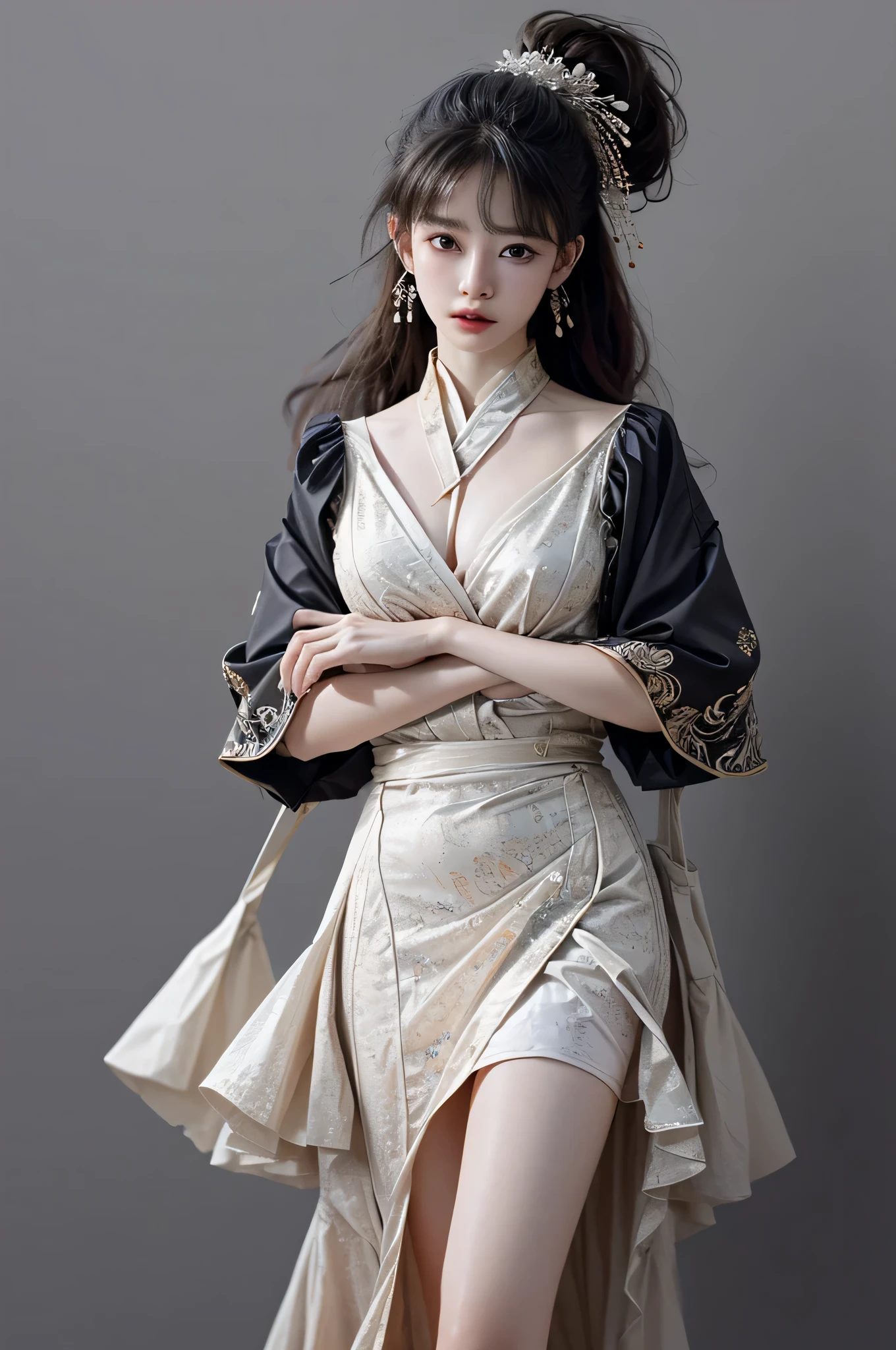 ancient buildings of Chitional style beauty，Silver thread texture,linen texture,Dressed revealingly(red color Hanfu)， Clothing minimalist style，Mixed Chinese and American races，The background is blurred out，focal，(((tmasterpiece))), ((Best quality at best)), ((Complex and detailed)), ((hyper realisitc)), ridiculous resolution, Mature woman, ssee-through, The content is very detailed, lamplight, 1 Sister, (middling), Thin waist and thick hips， Short hair details, black hair color hair, blackstockings，lacy clothing，skirt that wraps around the hips，tightsuit，with faintly visible，cooldress，The body proportions are perfect，（no underwares：1.2），detailed back ground, eyed, （nice hand），Detail hands，looking at viewert，From the front，Lightweight to wear，juicy legs，Deep V large breasts，