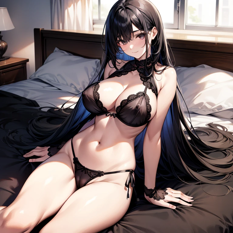Black hair,Sheer Lingerie、(Nipple visible)、,huge tit ,,A slight smil,(I can see the transparent crotch),,((Open your legs wide)),sheer baby doll,on the beds