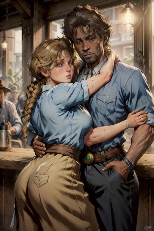 (master part, best quality:1.3) 
RDRAbigail, 1 beautiful sexy blonde girl with a big ass hugging a 90 year old black man, cabelos longos, Realistic, tiro completo , bar na cobertura, Noite, lively and energetic with a mix of natural and arteificial light 4k, 8k, trending on artestation, arte