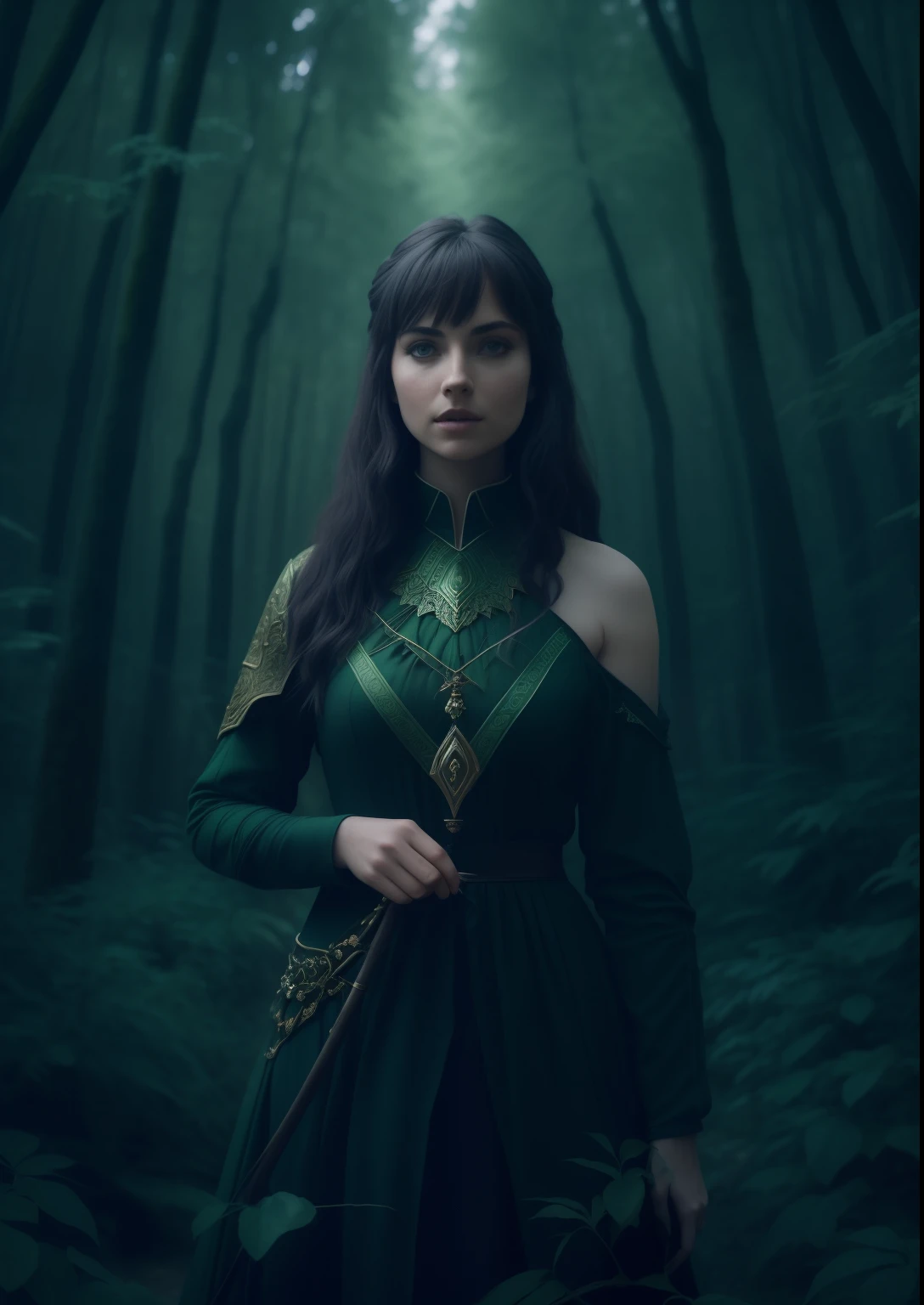 arafed woman in a green dress standing in a forest, still from a fantasy movie, from netflix's arcane, ornate dark green clothing, matte painting portrait shot, fantasy character photo, woman in a dark forest, cinematic goddess shot, imogen poots d&d paladin, she wears a dark green dress, imogen poots as a holy warrior