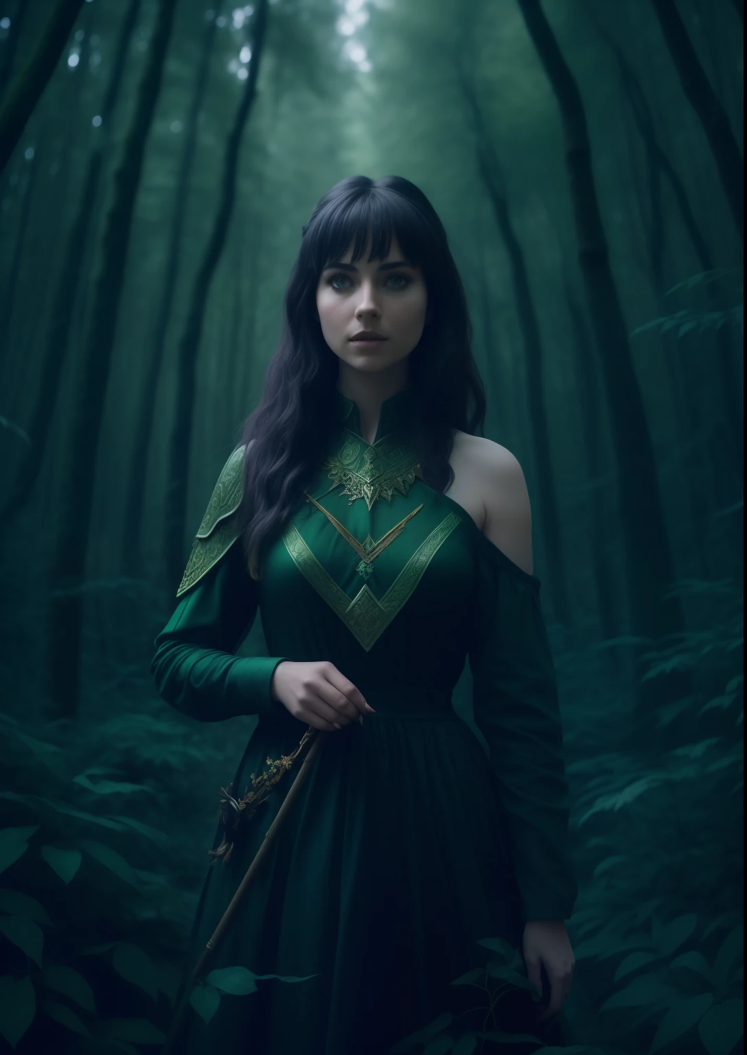 arafed woman in a green dress standing in a forest, still from a fantasy movie, from netflix's arcane, ornate dark green clothing, matte painting portrait shot, fantasy character photo, woman in a dark forest, cinematic goddess shot, imogen poots d&d paladin, she wears a dark green dress, imogen poots as a holy warrior