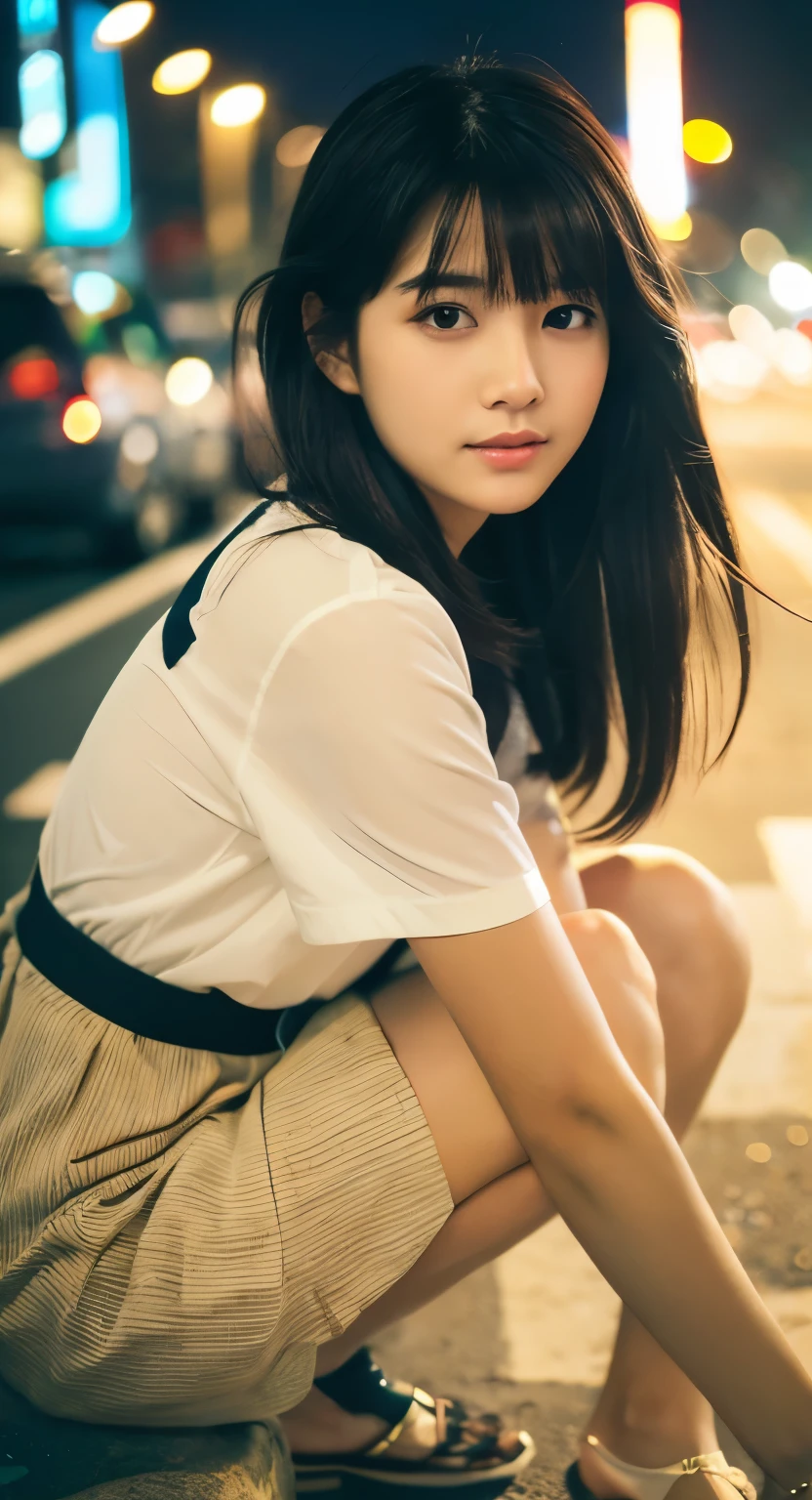 1girl,(校服,jpn,Medium hair black hair,),(RAWa picture,top-quality), (realisitic, Photorealsitic:1.4), ​masterpiece, extremely delicate and beautiful,, a picture, ighly detailed, Kodak portra 400,film grains,2k wallpaper, astonishing、finely detail, ighly detailedなCGユニティ8k壁紙, ultra-detailliert, hight resolution, Soft light, a beautiful detailed girl, ighly detailedな目と顔, beautiful detailed nose, beatiful detailed eyes,电影灯光、city light at night、Street、The legs are long and beautiful、Above the knee、