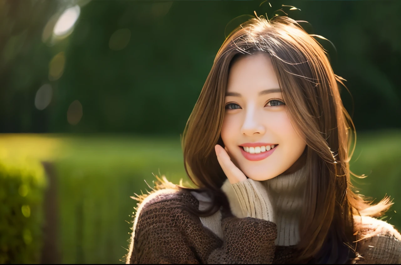 Best Quality、Photo of Pretty Japanese woman、1人、side portrait、Tall lady、slim figure:1.2、Dark brown medium hair、二重まぶた、knitted sweater、Realistic ray light