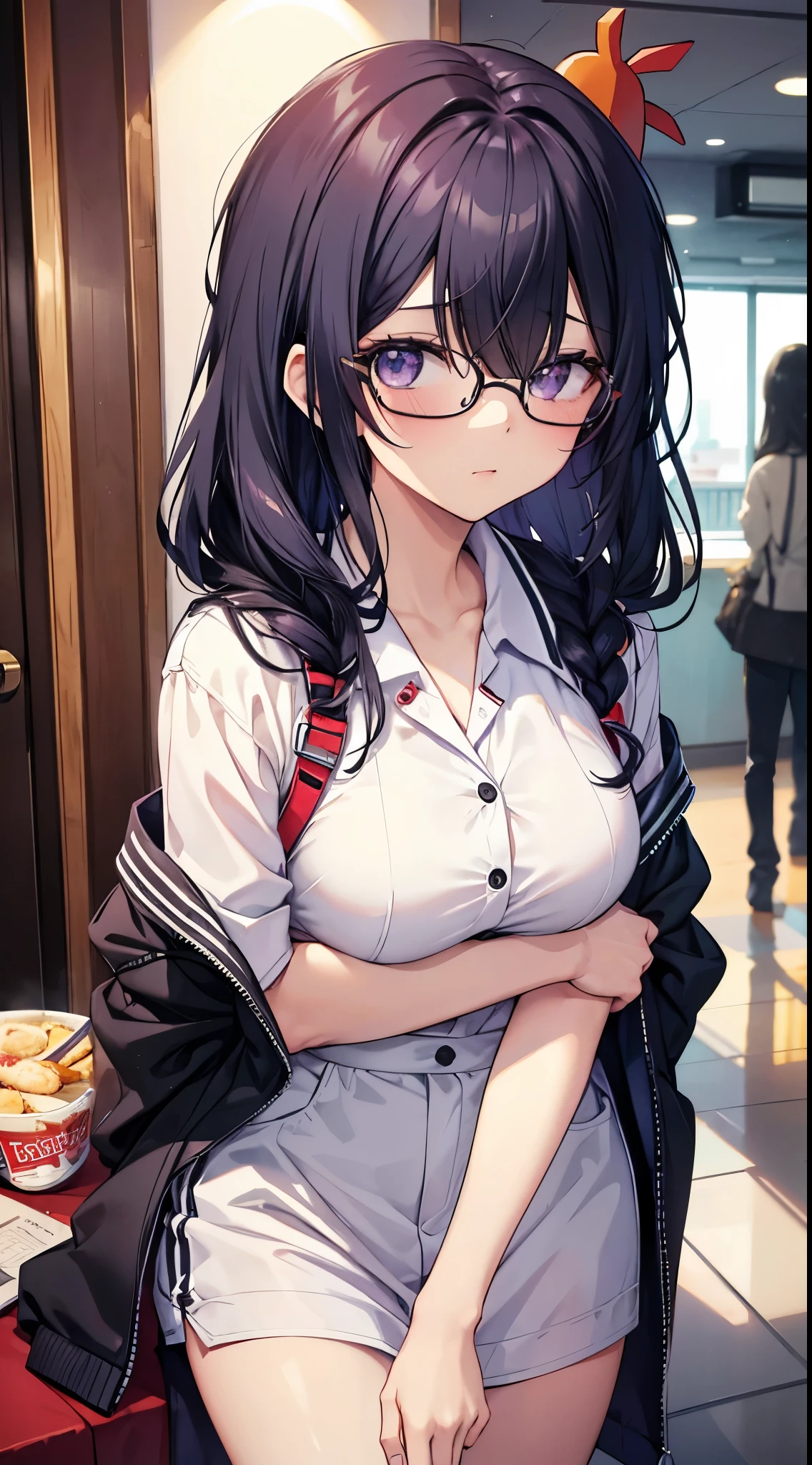 Female, 18 years old, purple-black hair trailing down to cover one eye  eyes Wearing a fluffy chicken costume showing hotel Wear round glasses Twittel hair
