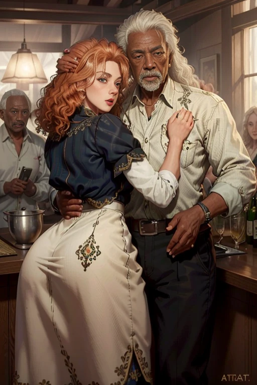 (master part, best quality:1.3) 
RDRAbigail, 1 beautiful sexy blonde girl with a big ass hugging a 90 year old black man, cabelos longos, Realistic, tiro completo , bar na cobertura, Noite, lively and energetic with a mix of natural and arteificial light 4k, 8k, trending on artestation, arte