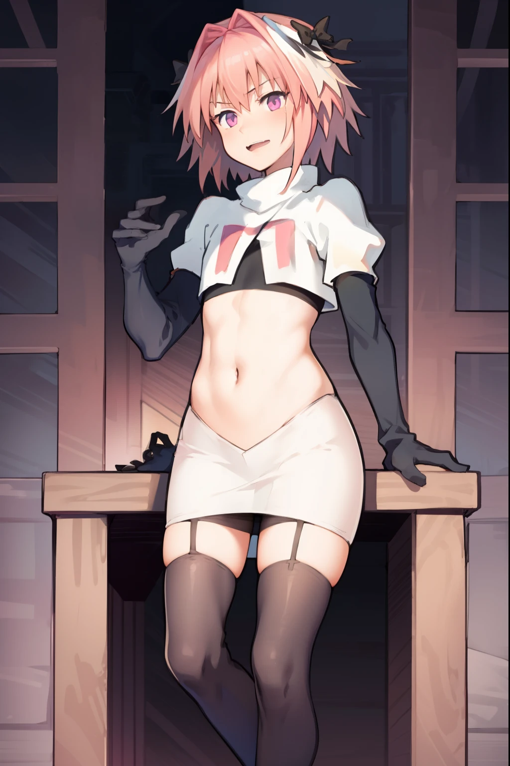 absurdres, masterpiece, best quality, (astolfo fate:1.2155), 1boy, male focus, trap, pink multicolored hair, pink hair, white hair, hair intakes, long hair, pink detailed eyes, crossdressing,1boy, team rocket,team rocket uniform, red letter R, white skirt,white crop top,black thigh-highs,black elbow gloves