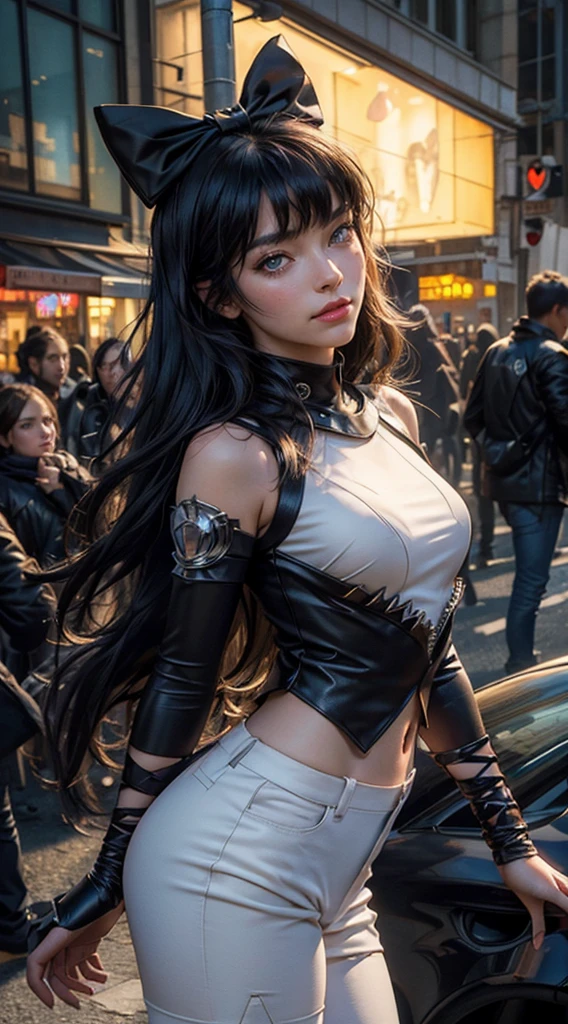 (masterpiece, stunning girlfriend, (standing:1.1), dynamic pose, heart shaped face, elegant face, beautiful face, highly detailed face, highly detailed skin, skin pores, subsurface scattering, realistic pupils, loving smile, looking at viewer, full face blush, full lips, detailed background, depth of field, atmospheric perspective, volumetric lighting, sharp focus, absurdres, realistic proportions, good anatomy, (realistic, hyperrealistic:1.4), 16k hdr (masterpiece, best quality:1.2), cowboy shot, solo, 1girl, blake belladonna, expressionless, closed mouth, looking at viewer, black hair bow, white shirt, detached sleeve, pantyhose, legwear under white shorts, cyberpunk city, neon signs, street, crowd, night, moon, moonlight, street lights, shop lights, car lights