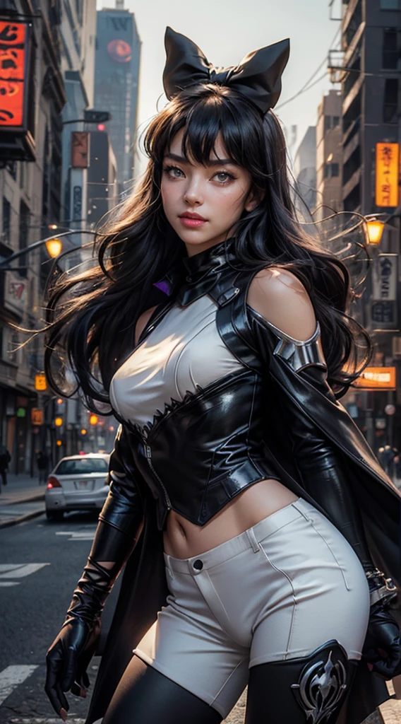 (masterpiece, stunning girlfriend, (standing:1.1), dynamic pose, heart shaped face, elegant face, beautiful face, highly detailed face, highly detailed skin, skin pores, subsurface scattering, realistic pupils, loving smile, looking at viewer, full face blush, full lips, detailed background, depth of field, atmospheric perspective, volumetric lighting, sharp focus, absurdres, realistic proportions, good anatomy, (realistic, hyperrealistic:1.4), 16k hdr (masterpiece, best quality:1.2), cowboy shot, solo, 1girl, blake belladonna, expressionless, closed mouth, looking at viewer, black hair bow, white shirt, detached sleeve, pantyhose, legwear under white shorts, cyberpunk city, neon signs, street, crowd, night, moon, moonlight, street lights, shop lights, car lights