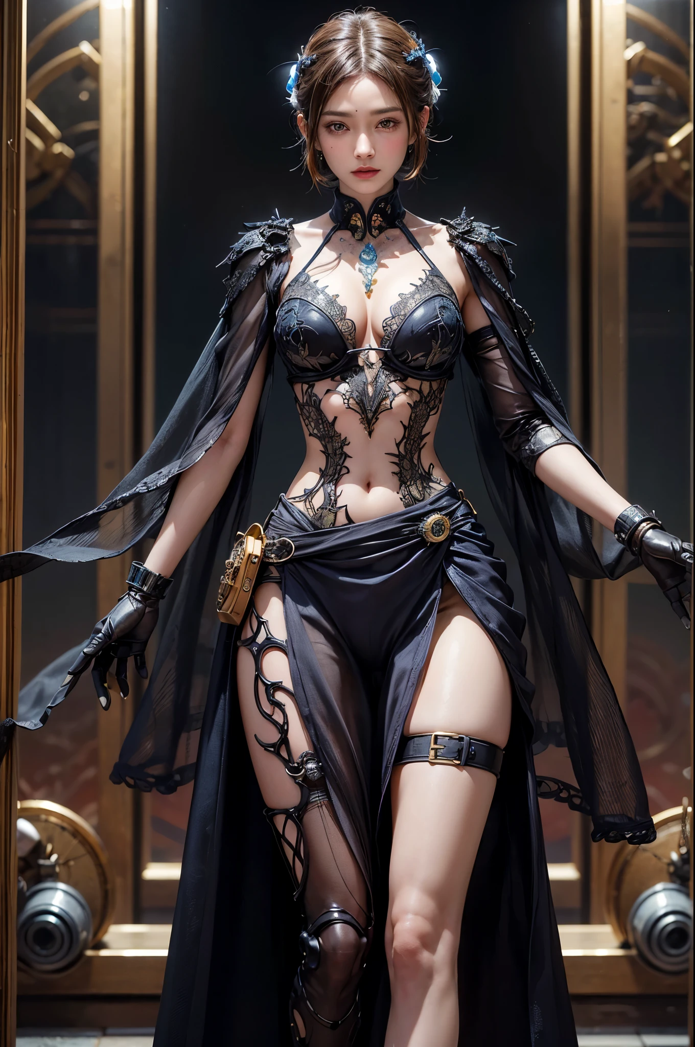 Dark surreal. 1 girl, (可怕's可怕's妖怪), (clockwork glass robot), “抵抗是徒劳'lood-stained, stitch up, Perfect tall figure, ((xray, see through torso, Transparent glass skin)), ((iintricate details, tmasterpiece, 最好's质量:1.6)), ((biomechanical steampunk)),(colorful short hair), ((scybernetic)),(Human-machine integration), ((黑暗's dystopia)),(There is an opportunity to meet the labor), 黑暗's, iintricate, looking at viewert, (thigh gap), ('s), ((inviting posture)), ((legs long)),