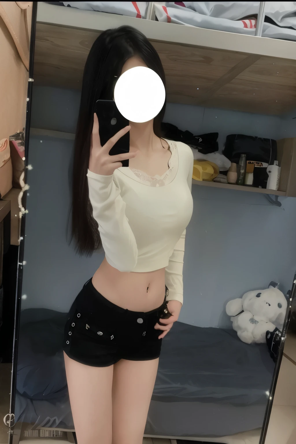 (16 year old girl) (slender body), ((black hair)) (short hair) (black eyes) (white skin). beautiful face, perfect and delicate face. expression of boredom. full body, girl with western face (tall girl) thin legs, thin arms (girl and topless, denim shorts) (location: black room, boy's room).