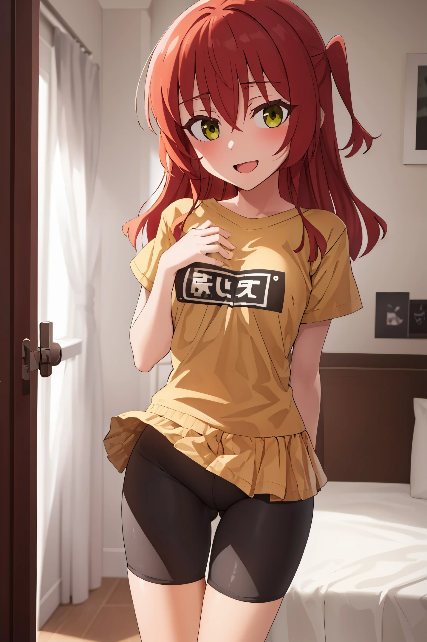1 girl, best quality, ultra high res, long hair, red hair, green eyes, looking at viewers, small breast, standing, pov, slim body, body, small body, smile, open mouth, yellow shirt, short sleeves, bike shorts, bedroom, white bed sheets,