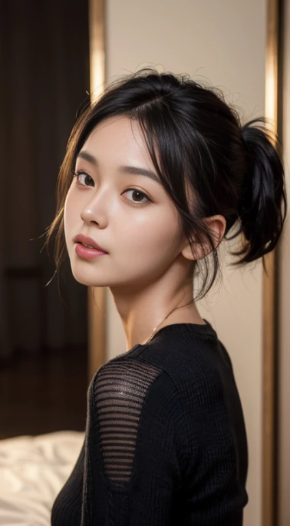 Best Quality, Ultra High Definition, (Photorealistic:1.4),sunset light, pony-tail, a Korean woman, Detailed photos, Smiling, Sexy, Black shirt, facing camera, close-up (Masterpiece: 1.3), (8K, Photorealistic, Best Quality: 1.4), (1Girl), beautifull face, (realistic face), (Black hair, Short hair: 1.3), beautiful hairstyle, photorealistic eyes, Beautiful detail eyes, (Realistic skin), beautiful skin, (Sweaters), absurdes, Attractive, The ultra-Highres, ultra realisic, High definition, Golden proportions
