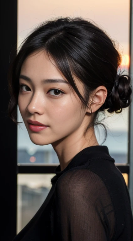 Best Quality, Ultra High Definition, (Photorealistic:1.4),sunset light, pony-tail, a Korean woman, Detailed photos, Smiling, Sexy, Black shirt, facing camera, close-up (Masterpiece: 1.3), (8K, Photorealistic, Best Quality: 1.4), (1Girl), beautifull face, (realistic face), (Black hair, Short hair: 1.3), beautiful hairstyle, photorealistic eyes, Beautiful detail eyes, (Realistic skin), beautiful skin, (Sweaters), absurdes, Attractive, The ultra-Highres, ultra realisic, High definition, Golden proportions