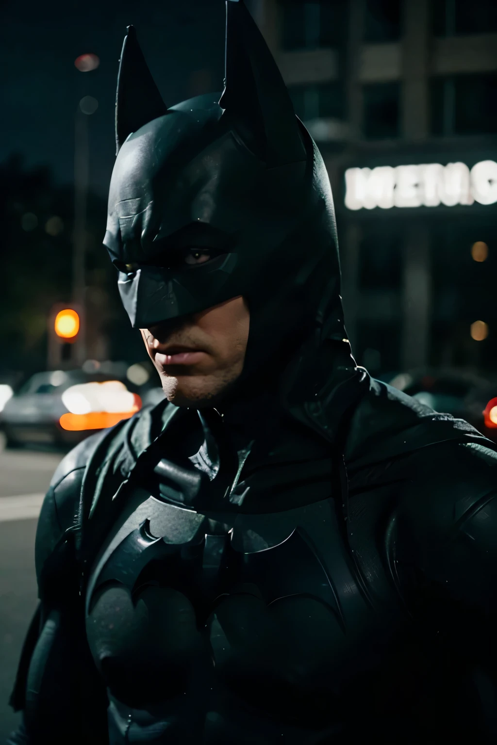 batman at a supercar meet up, night time, realistic, cinematic