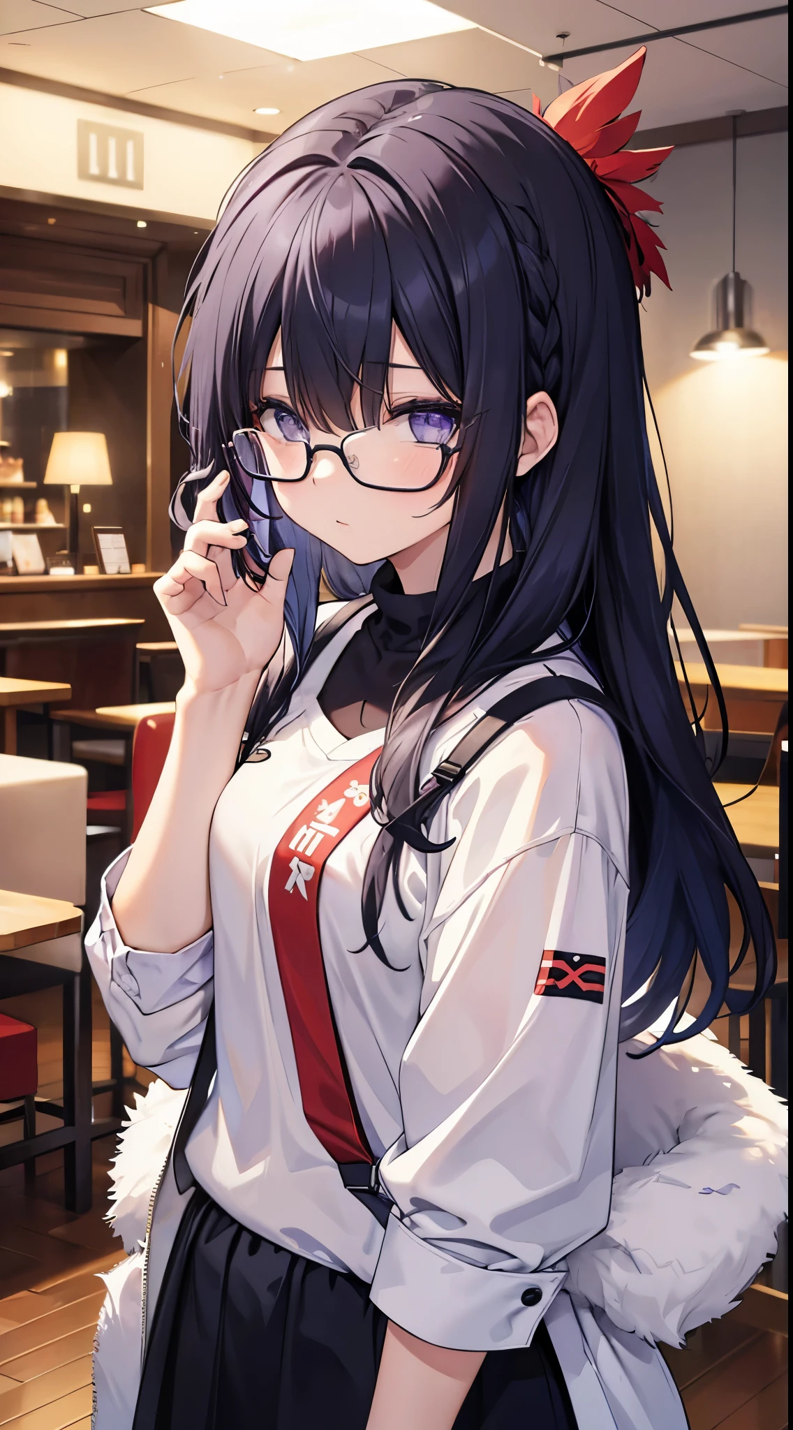 Female, 18 years old, purple-black hair trailing down to cover one eye eyes Wearing a fluffy chicken costume showing hotel Wear round glasses Twittel hair