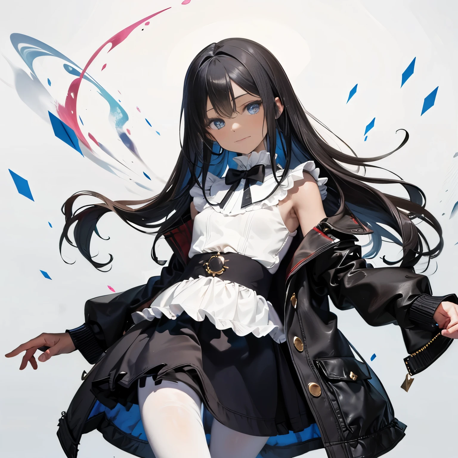 (masutepiece:1.2, Best Quality), (Best Illumination, extremely delicate and beautiful), [(1 girl in:1.5),(choco skin:1.5), smile, (sparkling navy blue eyes:1.3), (black hair:1.5) , flat chest,small stature,slender beauty,(black coat:1.5), (blackskirt:1.5)Full body],(Pale white background:1.5),