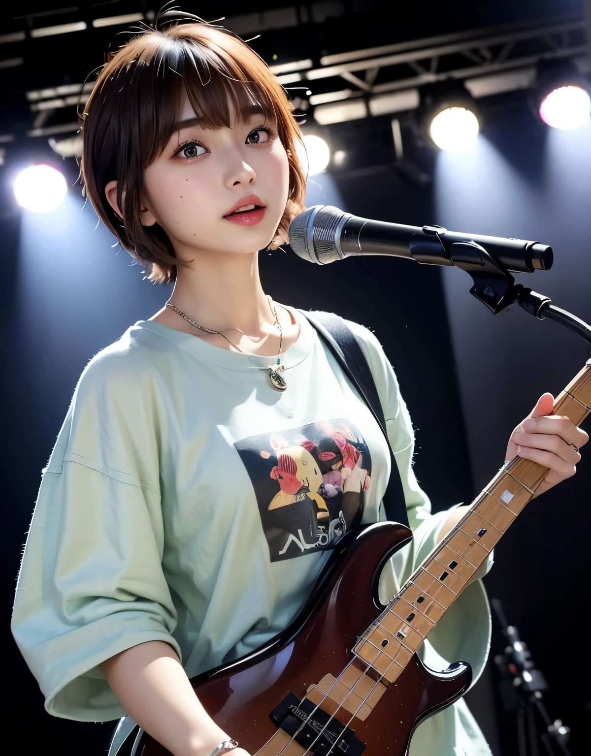 ((top-quality))、(​masterpiece:1.4)、Raw photography、8K、((Top image quality))、 ((Top resolution))、Beautiful face in every detail、Very detailed、Gentle expression、(One lady:1.3 )、realisitic、フォトrealisitic、(Bery short hair:1.4)、(Beautuful Women)、(cute Japanese girls:1.3)、(mannish)、((Pretty Woman))、(Beautiful hair)、((dark brown  hair))、(((Red cheeks)))、((Her eyes are big))、20-year-old beauty、(her face is small:1.7)、small head、((long neck))、pale skin、Spot-free skin、With bangs、Everyone longs for、日本のBeautuful Women、eight heads high、(a necklace)、(music festival:1.4)、singers、(Concert T-shirt)、smil、(Oversized clothes:1.3)、Happy look、(bass guitar:1.3)、(On stage:1.3)、Stand Microphone、Band Group Vocals、((Live Music))、(Dynamism:1.4)、