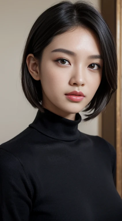 Best Quality, Ultra High Definition, (Photorealistic:1.4),sunset light, pony-tail, a Korean woman, Detailed photos, Smiling, Sexy, Black shirt, facing camera, close-up (Masterpiece: 1.3), (8K, Photorealistic, Best Quality: 1.4), (1Girl), beautifull face, (realistic face), (Black hair, Short hair: 1.3), beautiful hairstyle, photorealistic eyes, Beautiful detail eyes, (Realistic skin), beautiful skin, (Sweaters), absurdes, Attractive, The ultra-Highres, ultra realisic, High definition, Golden proportions