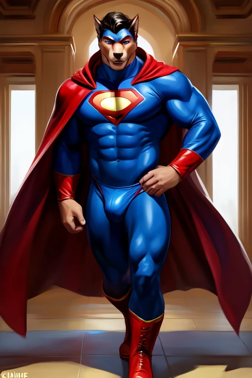 ((best quality)), ((masterpiece)), a brown wolf, solo, muscular, wearing blue bodysuit, supermen spandex costume, red cape, red speedo, red boots, by chunie