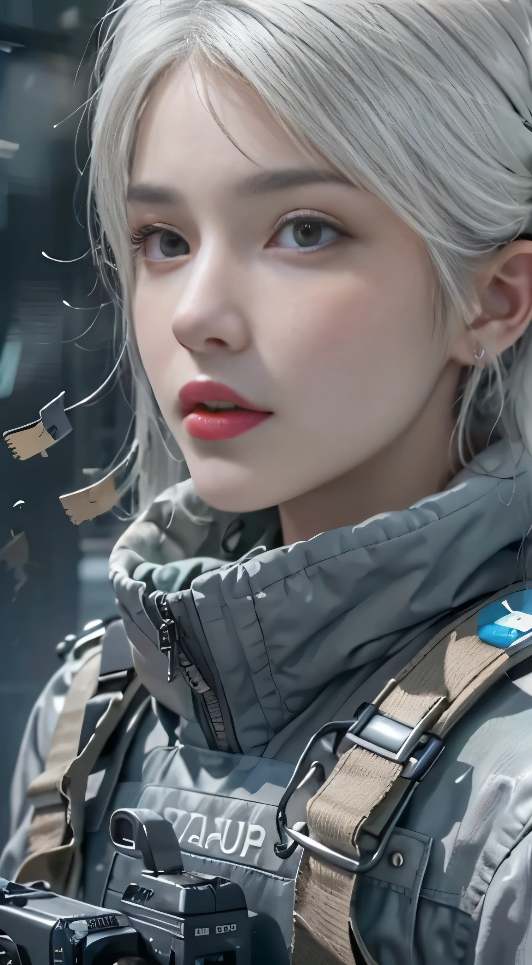 Photorealistic, High resolution, 1womanl, Solo,snowy background, stares at the camera, (Detailed face), White hair, Swat Vest, gun, Jewelry，Finger is blocked