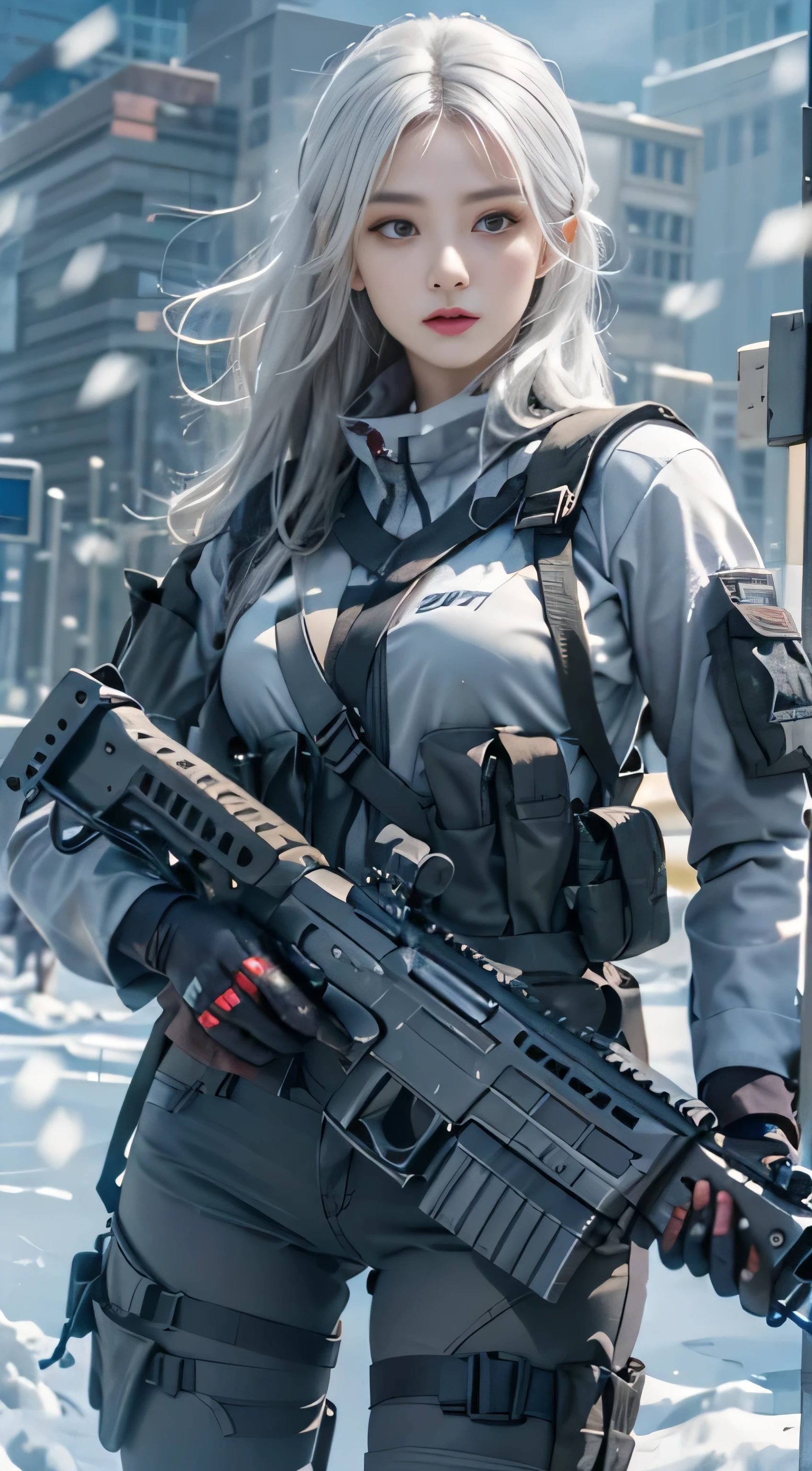 Photorealistic, High resolution, 1womanl, Solo,snowy background, stares at the camera, (Detailed face), White hair, Swat Vest, gun, Jewelry,Finger is blocked