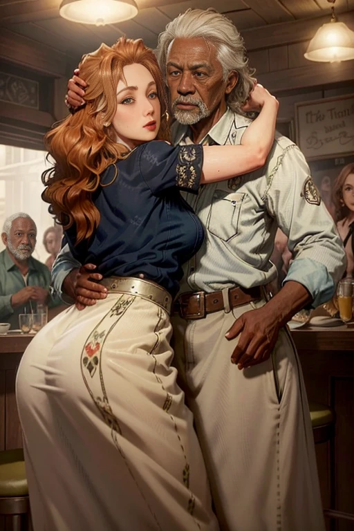 (master part, best quality:1.3) 
RDRAbigail, 1 beautiful sexy blonde girl with a big ass hugging a 90 year old black man, cabelos longos, Realistic, tiro completo , bar na cobertura, Noite, lively and energetic with a mix of natural and arteificial light 4k, 8k, trending on artestation, arte