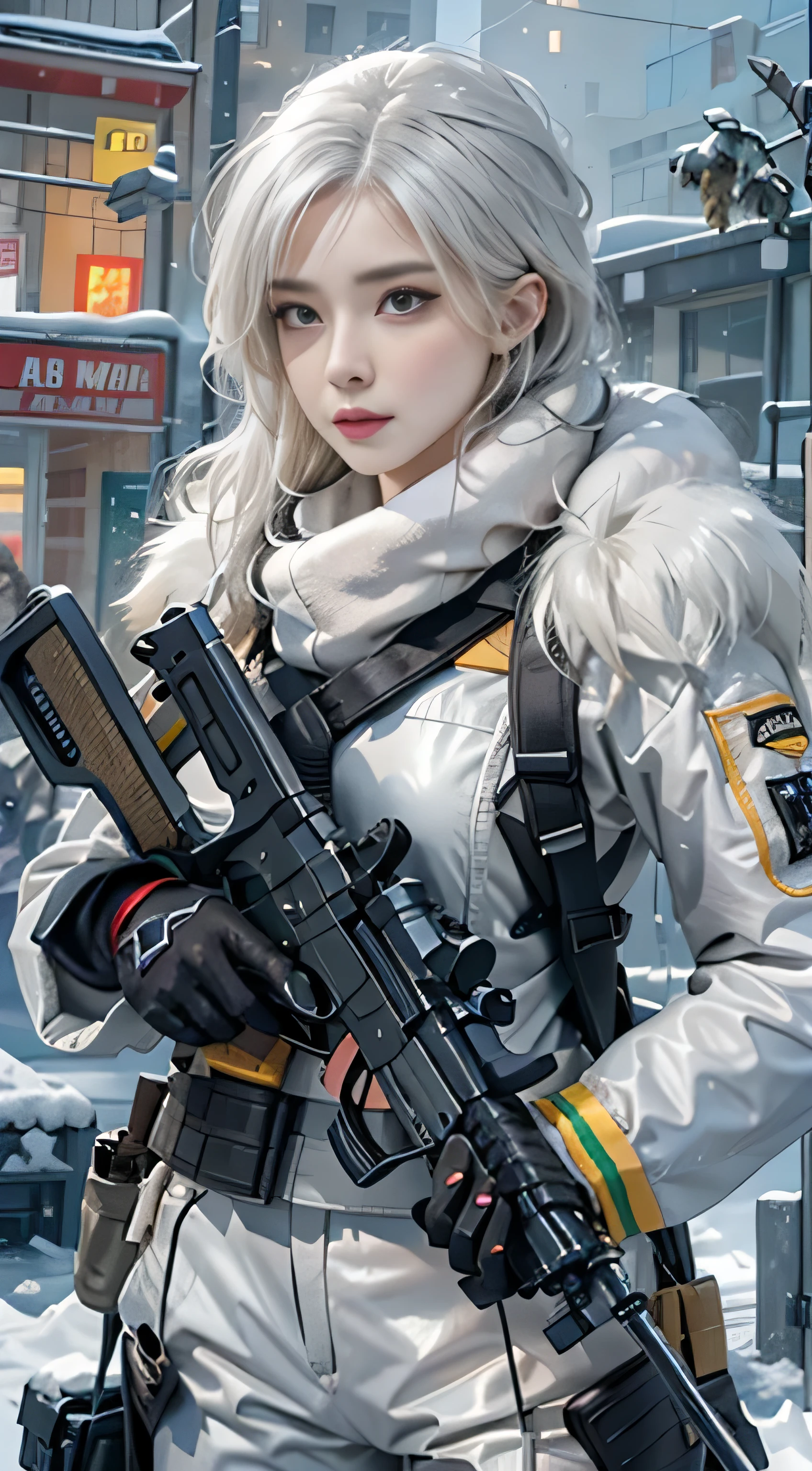 Photorealistic, High resolution, 1womanl, Solo,snowy background, stares at the camera, (Detailed face), White hair, Swat Vest, gun, Jewelry，Finger is blocked