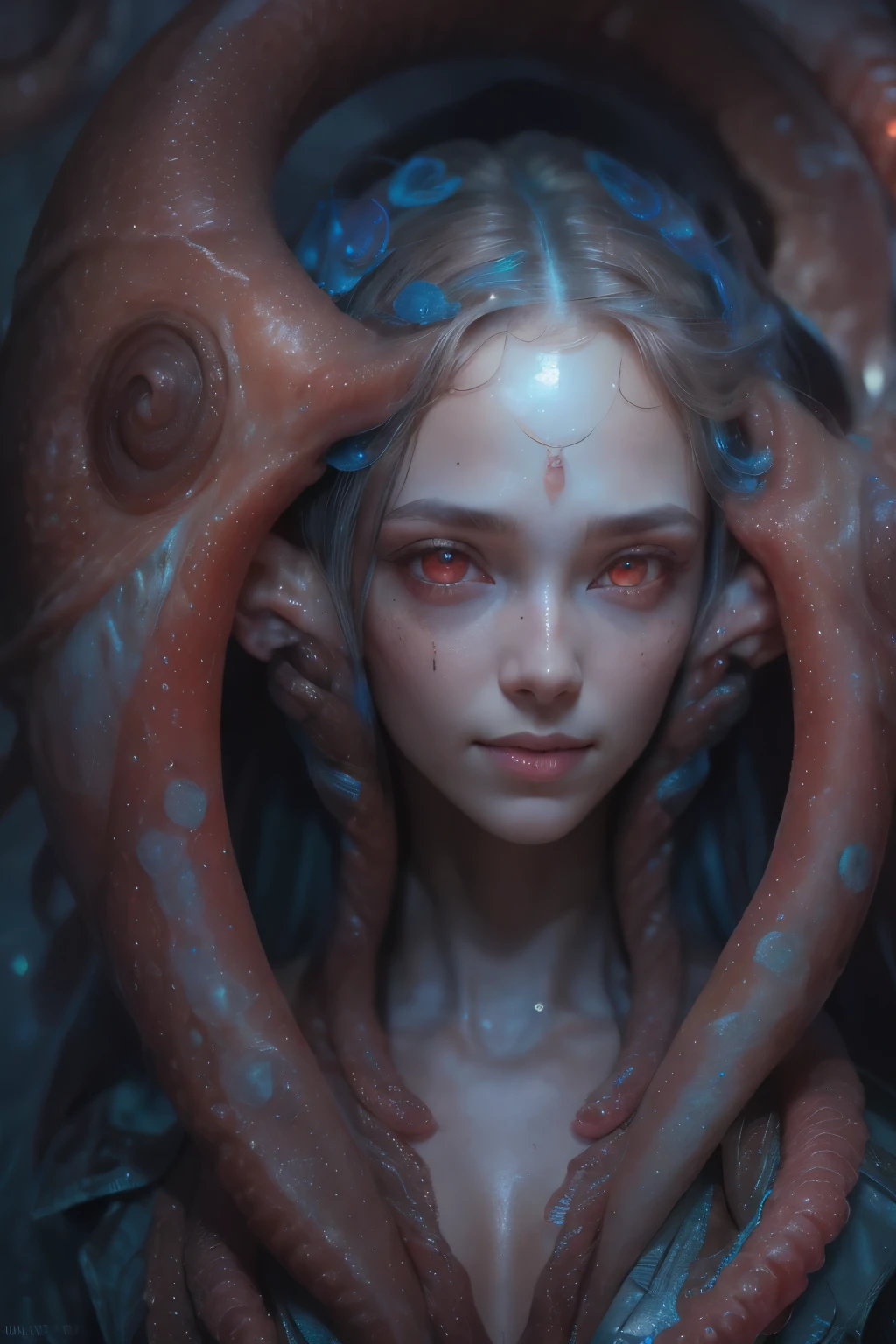 Portrait, (beautiful female alien:1.2),  (she has red eyes with no pupils:1.8), (Translucent skin:1.7),  (There is a female genital-like organ in the middle of the forehead:1.9), (The most beautiful face in the history of the universe:1.2),an evil gaze that seduces, (large mouth:1.1), (sharp teeth like a vampire:1.2), Full body like, (bio luminescent:1.5), (Smile wickedly:1.3),  (sexypose:1.5), alien, No humans, cells are fused, (Lots of translucent tentacles:1.3) extraterrestrial, cell, bio image, Best Quality, 8K,4K_quality, High Definition, Dramatic Lighting, masutepiece:1.5,cinematic quality, detail up, (Intricate details:1.2), High resolution, High Definition, drawing faithfully, (Thick eyebrows:1.2), Beautiful eyes with fine symmetry,(Highly detailed face and eyes:1.2), Intimate face, (Super detailed skin quality feeling:1.4), Perfect Anatomy,  (Beautiful toned body:1.5),  (Moist skin:1.2), No makeup, (dark circles:1.1), long canines, cinematic drawing of characters, ultra high quality model, cinematic quality, detail up, (Intricate details:1.2), High resolution, High Definition, drawing faithfully, Official art, Unity 8K wall  , 8K Portrait, Best Quality, Very High resolution, ultra detailed artistic photography, midnight aura,  unreal enginee 5, Ultra Sharp Focus, art by alberto seveso, ArtGerm, Roisch, intricate artwork, best quality, masutepiece, ultra High resolution, (photos realistic:1.4), Ultra-realistic realism, dream-like,  nautilus, Creation of fantasy, Snail, Dream Snail,  biopunk nautilus, Thrilling color schemes， Ultra-realistic realism， seductively smiling, Blue tentacles,