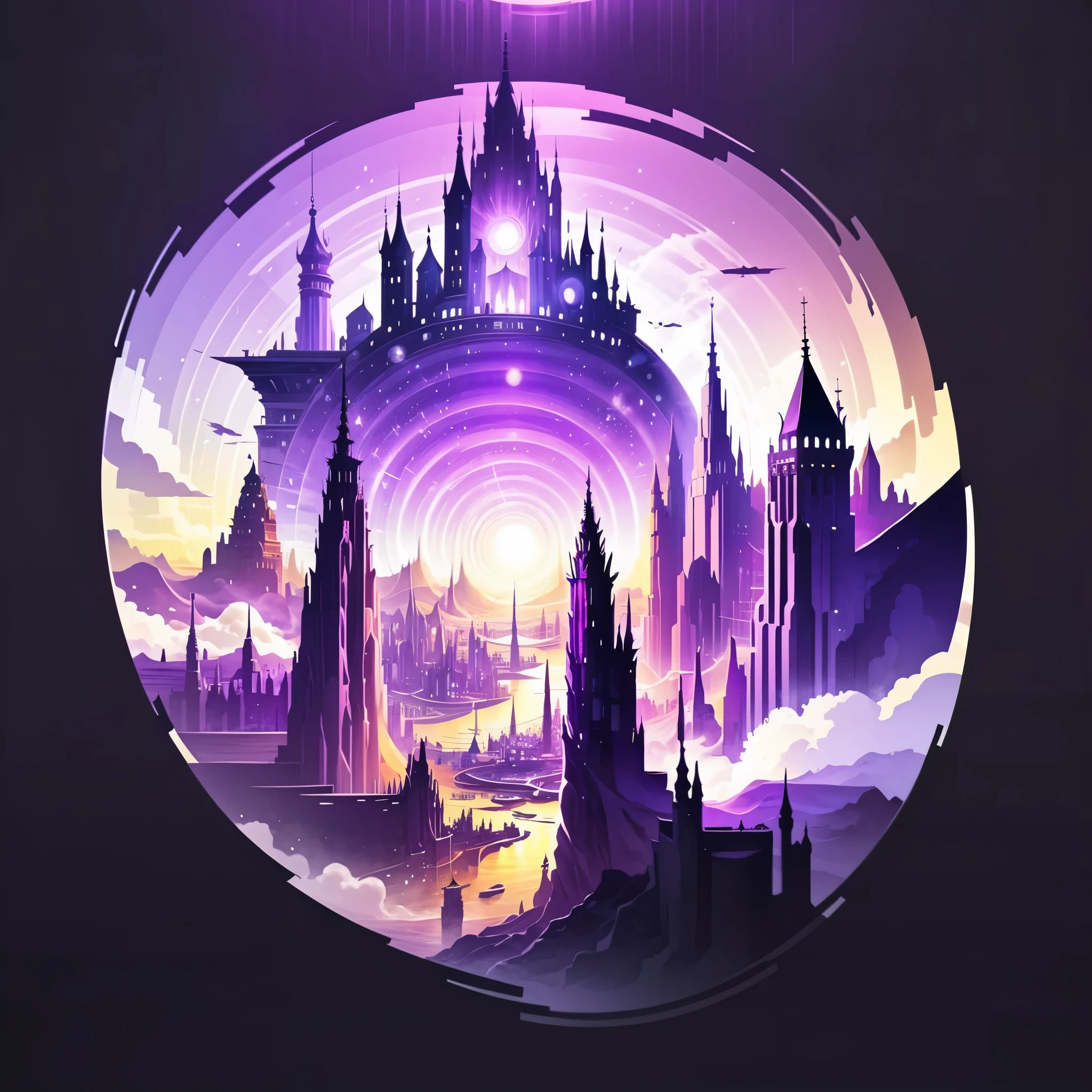 ((master piece)), best quality, (8k, best quality, masterpiece:1.2), ultra-detailed, illustration, big fantasy city, Science fiction, ethereal city, Floating city, many planets in the skies, clouds around, celestial architecture, purple energy scarring around, Giant castle in the center, astral skies