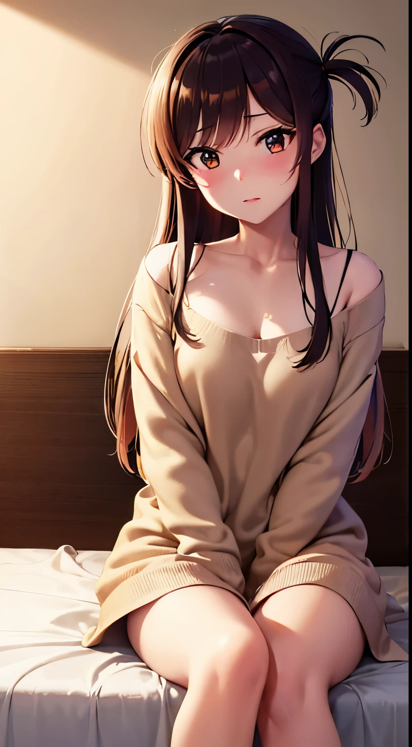 Draw for the anime character Mizuhara from Rent-a-Girlfriend. Mizuhara  in bed. Mizuhara  nude. Mizuhara is blushing. ((best quality)), ((masterpiece)), (detailed), perfect face