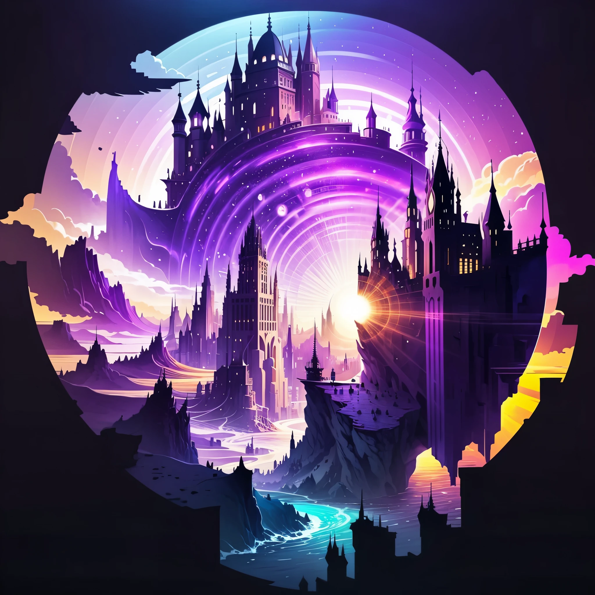 ((master piece)), best quality, (8k, best quality, masterpiece:1.2), ultra-detailed, illustration, big fantasy city, Science fiction, ethereal city, Floating city, many planets in the skies, clouds around, celestial architecture, purple energy scarring around, Giant castle in the center, astral skies