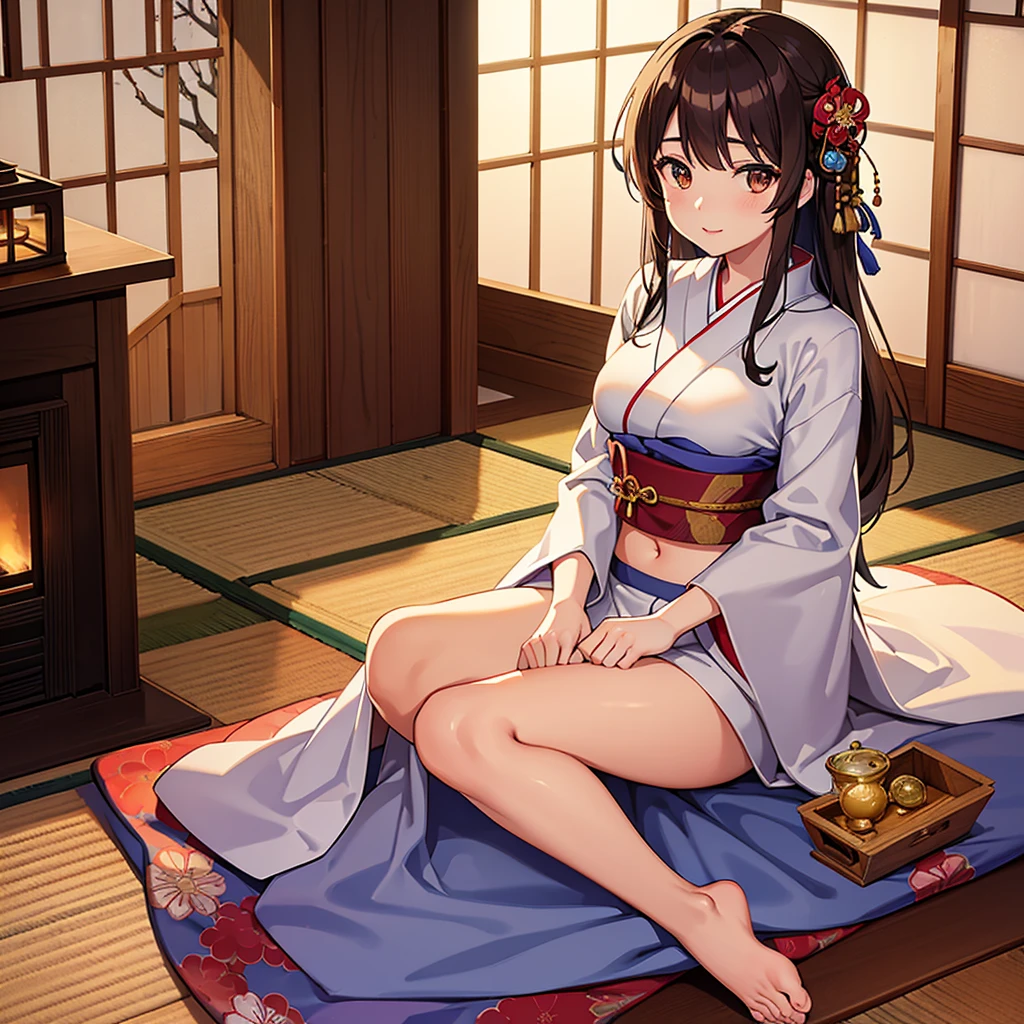 hightquality, hight resolution, Authentic anime sketch style, warm main color, Overhead Camera Angle, Exposing only the stomach and navel, Facing forward, Beautuful Women, warm indirect lighting, New Year furisode kimono, japanes, sitting in a traditional room, calm sitting pose, Beautiful facial features, A face with a gentle smile, Hides skin、Full body kimono that only shows the navel, A kimono with a hole only in the navel area, length hair, Brown hair, Detailed eyes, There is a calm expression on the lips, Brown eyes,  Bust of appropriate size and texture, infp young woman, Slim body type, Subtle sensuality, No accessories, new year decoration tools, Barefoot, There are animals and pets around, Warm Japanese room, Tatami background, fireplace lighting, Traditional architecture of Japan, Snowy landscape from the window, Sunny weather in winter, Daytime, Calm and warm atmosphere, (The background is rich and delicate)