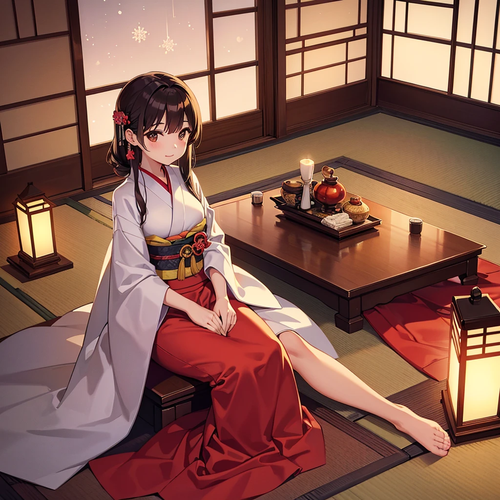 hightquality, hight resolution, Authentic anime sketch style, warm main color, Overhead Camera Angle, Exposing only the stomach and navel, Facing forward, Beautuful Women, warm indirect lighting, New Year furisode kimono, japanes, sitting in a traditional room, calm sitting pose, Beautiful facial features, A face with a gentle smile, Hides skin、Full body kimono that only shows the navel, A kimono with a hole only in the navel area, length hair, Brown hair, Detailed eyes, There is a calm expression on the lips, Brown eyes, Bust of appropriate size and texture, infp young woman, Slim body type, Subtle sensuality, No accessories, new year decoration tools, Barefoot, There are animals and pets around, Warm Japanese room, Tatami background, fireplace lighting, Traditional architecture of Japan, Snowy landscape from the window, Sunny weather in winter, Daytime, Calm and warm atmosphere, (The background is rich and delicate)