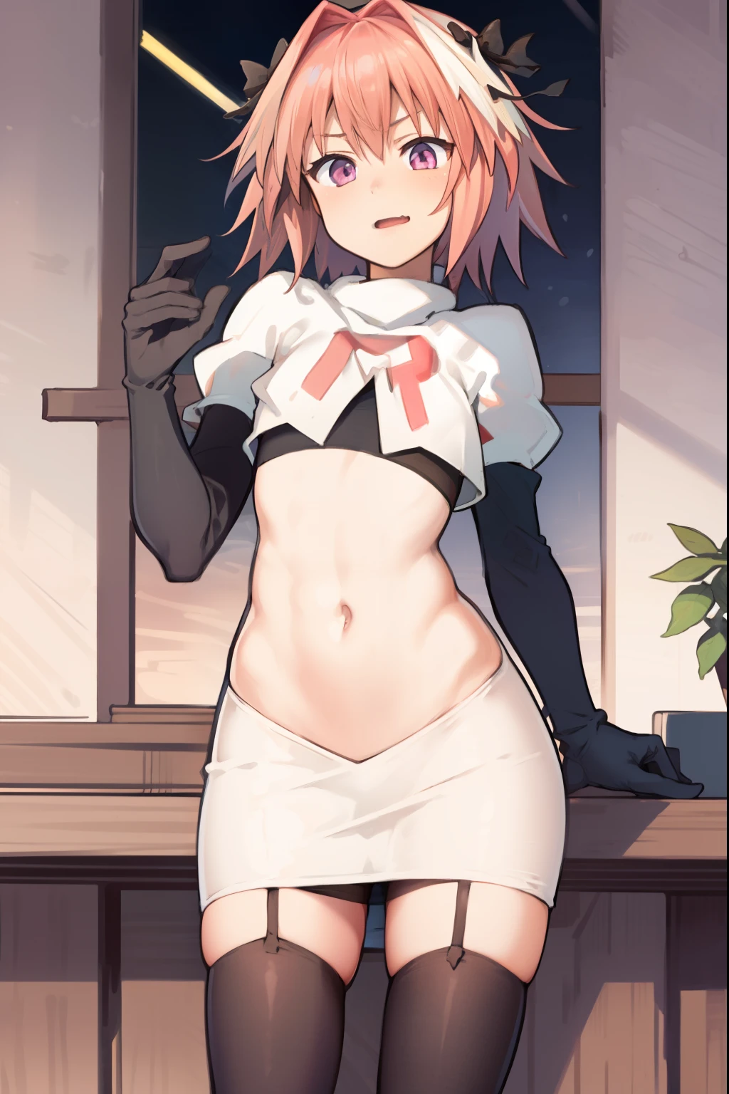 absurdres, masterpiece, best quality, (astolfo fate:1.2155), 1boy, male focus, trap, pink multicolored hair, pink hair, white hair, hair intakes, long hair, pink detailed eyes, crossdressing,1boy, team rocket,team rocket uniform, red letter R, white skirt,white crop top,black thigh-highs,black elbow gloves